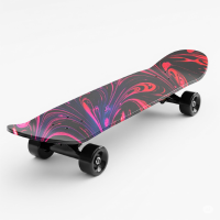 A professional skateboard mockup featuring a vibrant pink and purple marble swirl pattern design for extreme sports