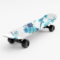 A professional skateboard mockup featuring a vibrant blue and floral pattern design for creative branding