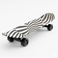 A professional skateboard mockup featuring a creative black and white optical illusion swirl pattern for extreme sports