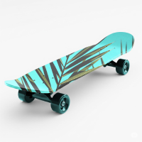 A professional turquoise skateboard mockup featuring a tropical palm leaf graphic design for creative sports branding projects