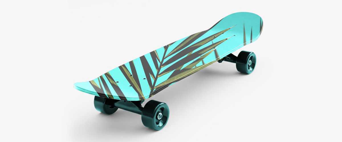 A professional wooden skateboard mockup deck with colorful abstract art patterns for free digital design downloads freebie