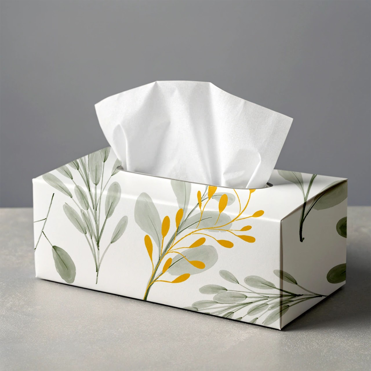 A professional tissue box mockup featuring a delicate yellow and green leaf pattern for creative branding