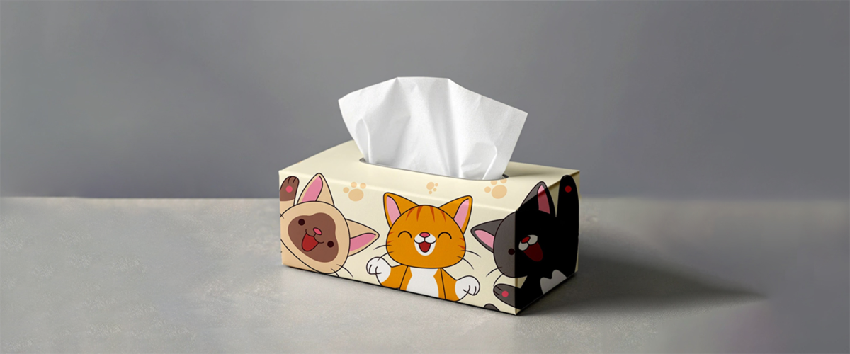 A professional rectangular tissue box mockup featuring cute cartoon cat illustration freebie