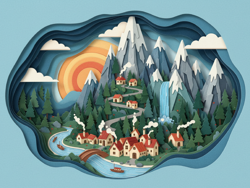 3D paper-cut style mountain village illustration