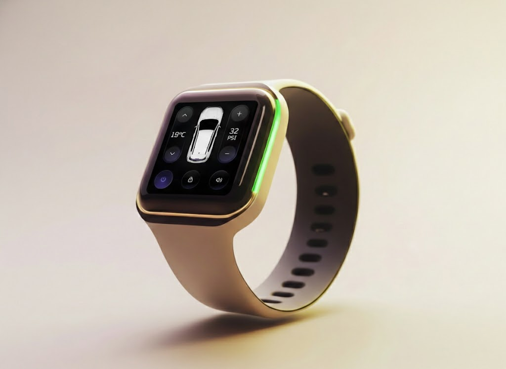 Smartwatch UI design featuring a car control app with tire pressure and temperature monitoring