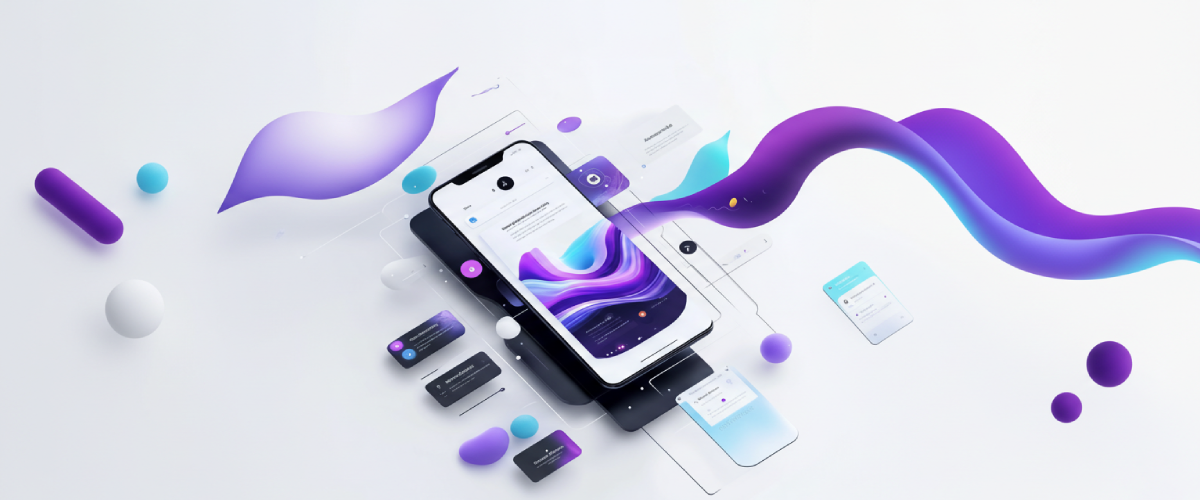 Abstract UI/UX training concept featuring a smartphone with floating interface elements