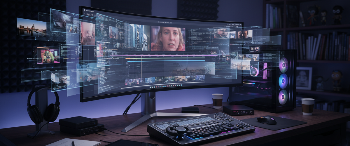 Professional video editing workstation with a curved ultrawide monitor displaying a video timeline