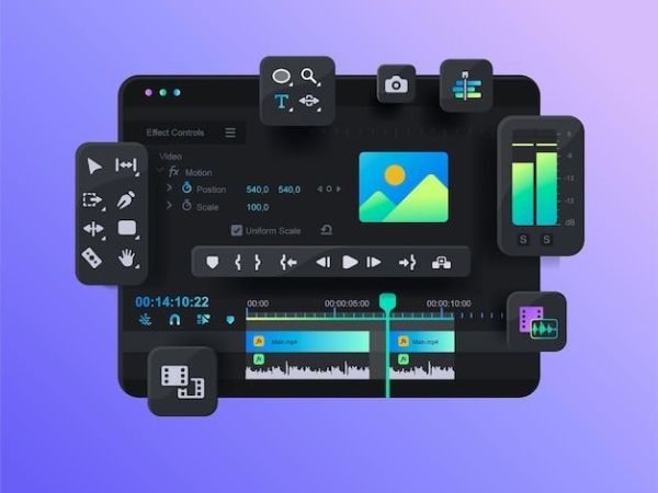 3D dark-themed video editing interface mockup with floating tool icons, audio waveforms, and a multi-track timeline