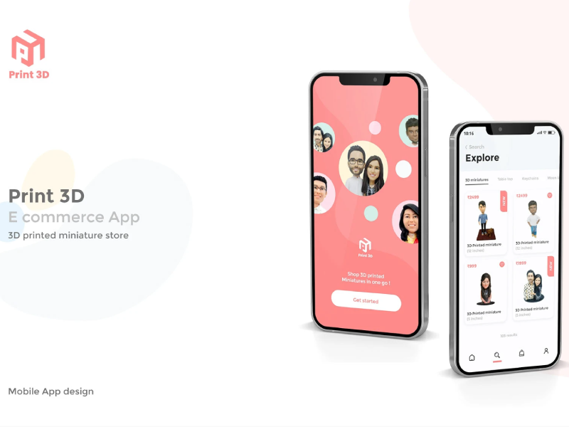 A UI/UX design showcase for Print 3D, an e-commerce mobile app for a 3D-printed miniature store