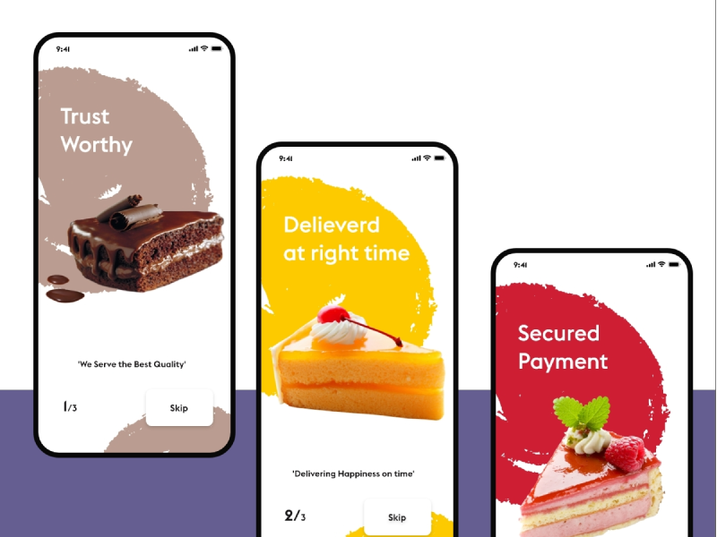 A UI/UX design showcase for a cake e-commerce mobile app featuring three onboarding screens.