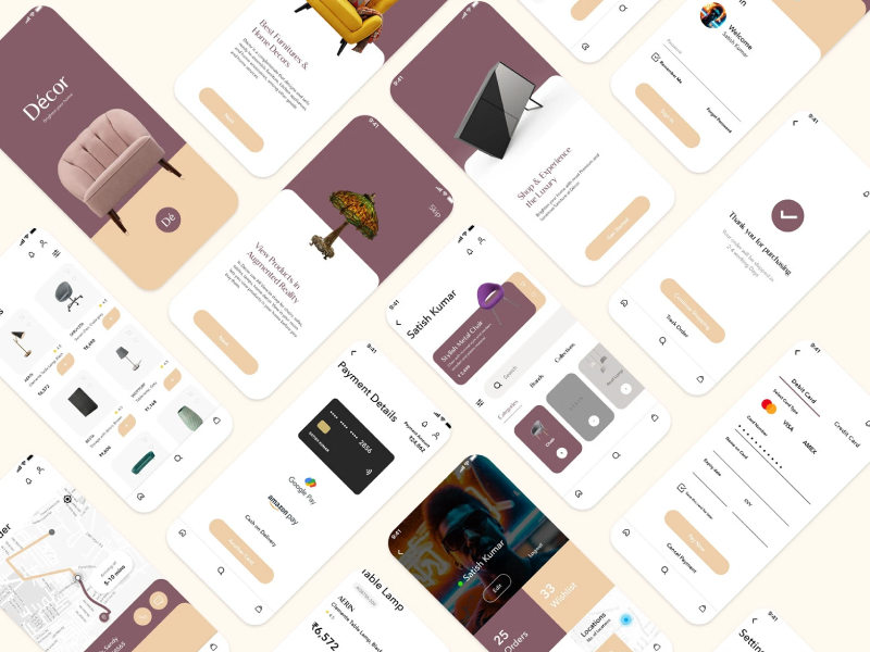 Isometric mockup of a home decor e-commerce mobile app UI