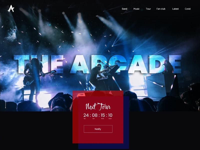 Dark-themed hero banner for a music band website titled THE ARCADE featuring a cinematic live concert photograph