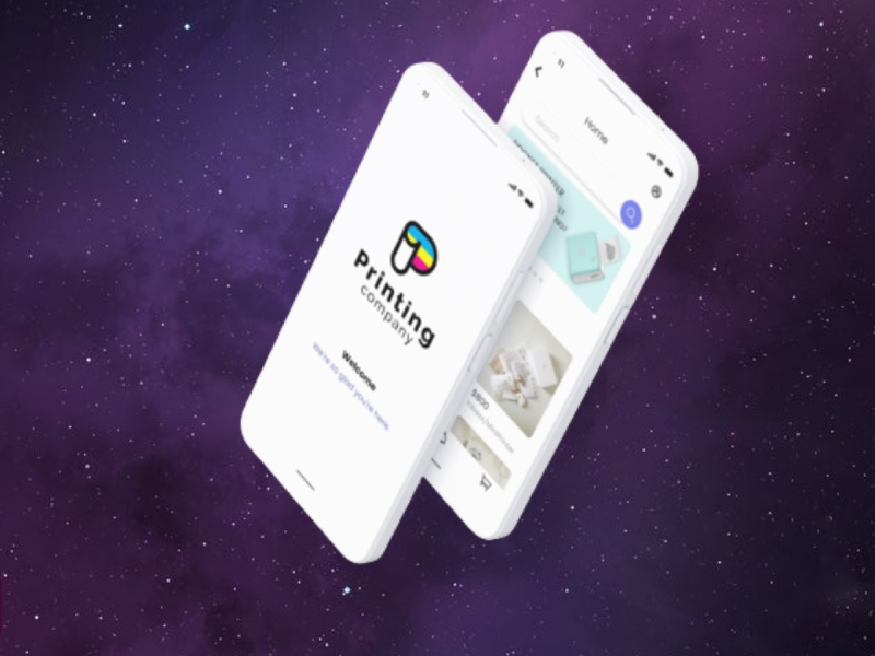 3D smartphone mockup showing a Printing Company e-commerce app