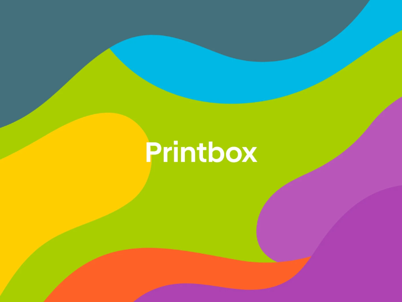 A vibrant branding splash screen for Printbox, a printing services management app.