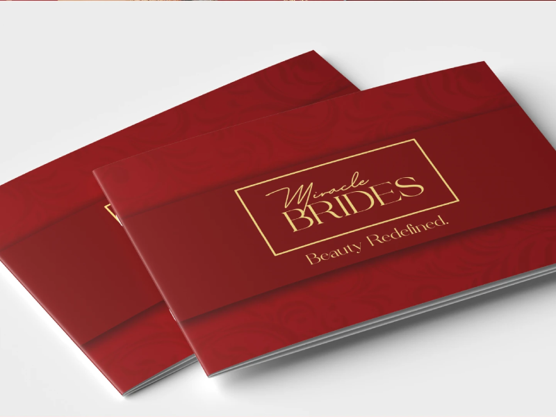 A graphic design showcase for Miracle Brides, featuring a landscape-oriented service catalog mockup