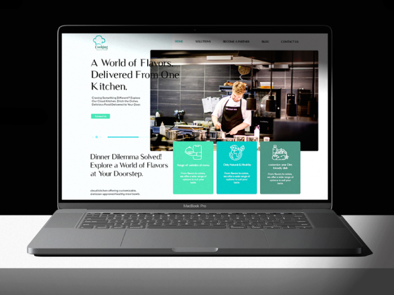 A UI/UX design showcase for a cloud kitchen website, displayed on a MacBook Pro mockup