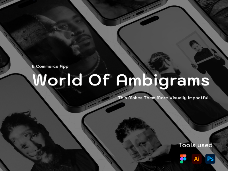Dark-themed isometric mockup of an iOS e-commerce app titled World Of Ambigrams
