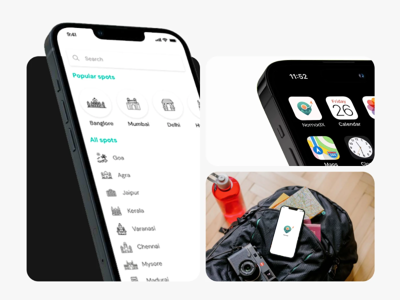 A multi-view mockup of the NomadX travel guide app