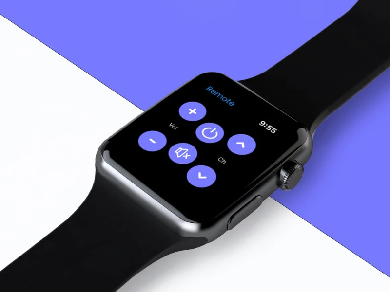 A UI/UX design showcase for a TV remote Apple Watch app, presented on a realistic smartwatch mockup