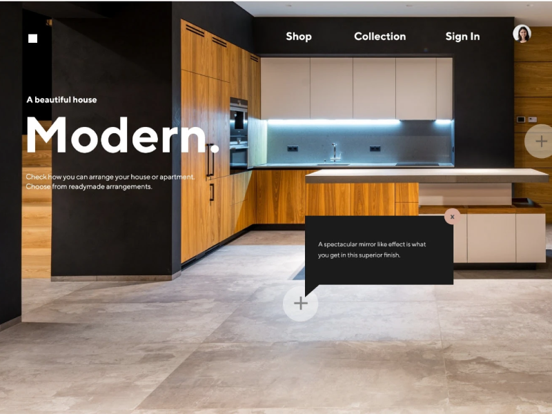 Modern kitchen interior featuring an interactive UI overlay with product hotspots.