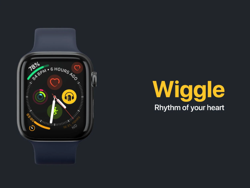 Smartwatch mockup displaying the Wiggle app interface