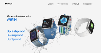 A professional UI UX case study showing a waterproof Apple Watch web redesign with splashproof features