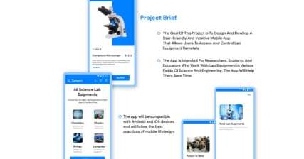 A professional UI UX case study showing a scientific lab equipment marketplace mobile app design for researchers