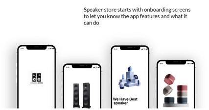 A professional UI UX case study showing a premium speaker store mobile app design for Android devices