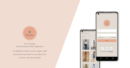 A professional UI UX case study showing a Bonita fashion styling and makeup guidance platform android application