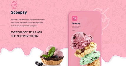 A professional UI UX case study showing a vibrant pink mobile app design for Scoopsy ice cream store