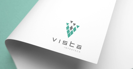 A professional graphic design showing the Vista Infratech corporate brand identity logo with a modern blue symbol
